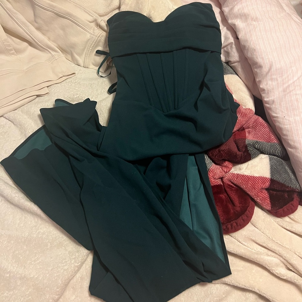 xs (2) tie back strapless corset dark green formal dress with slit